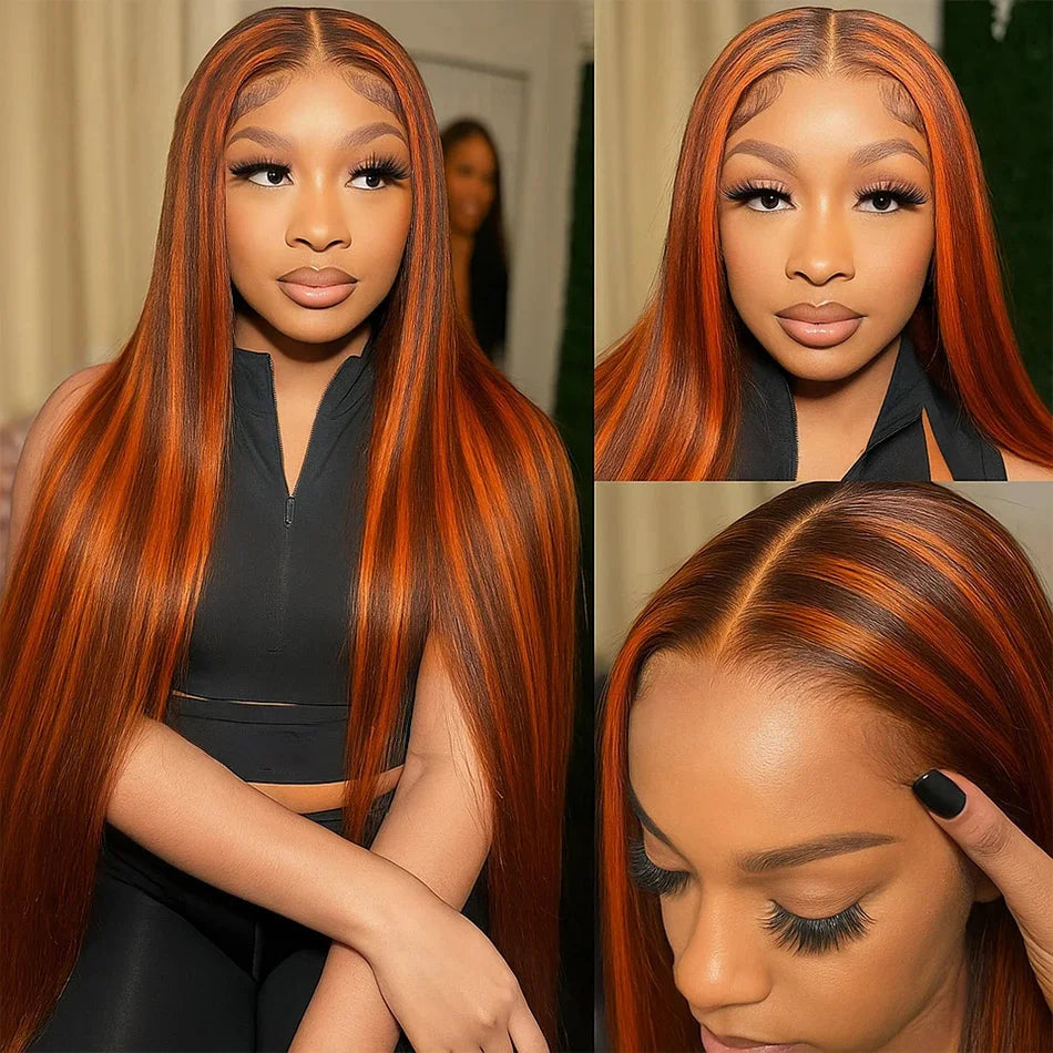 Glueless 100% Human Hair 4/350 Highlight Ombre Straight 13x4 Lace Frontal Wigs With Drawstring Ginger Orange Brown Colored Wig