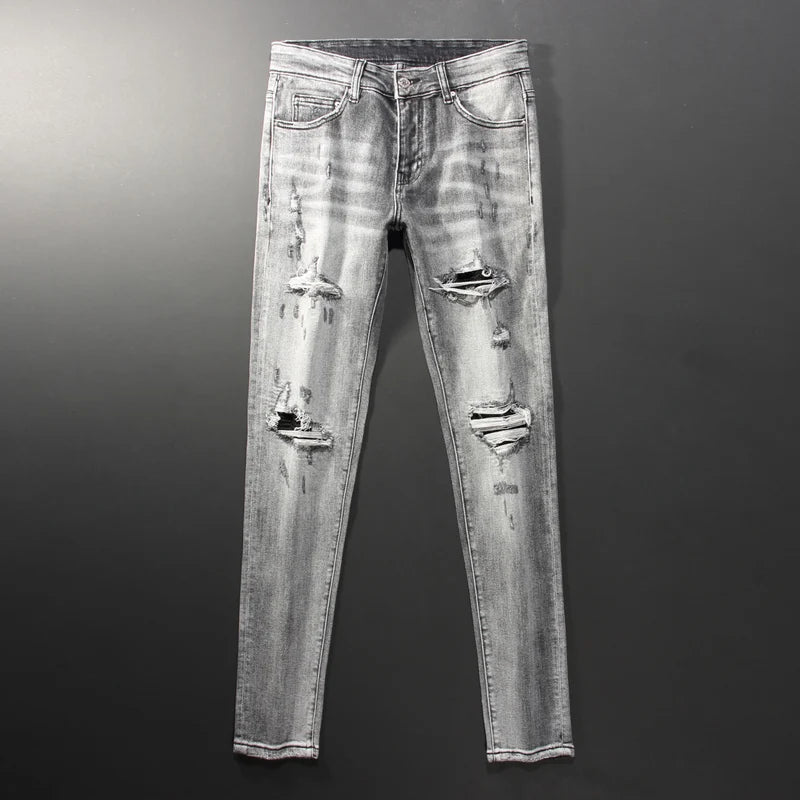 Street Fashion Men's Retro Grey Jeans High Quality Stretch Tight Patched Jeans Men's Splicing Designer Hip Hop Brand Pants Hombr