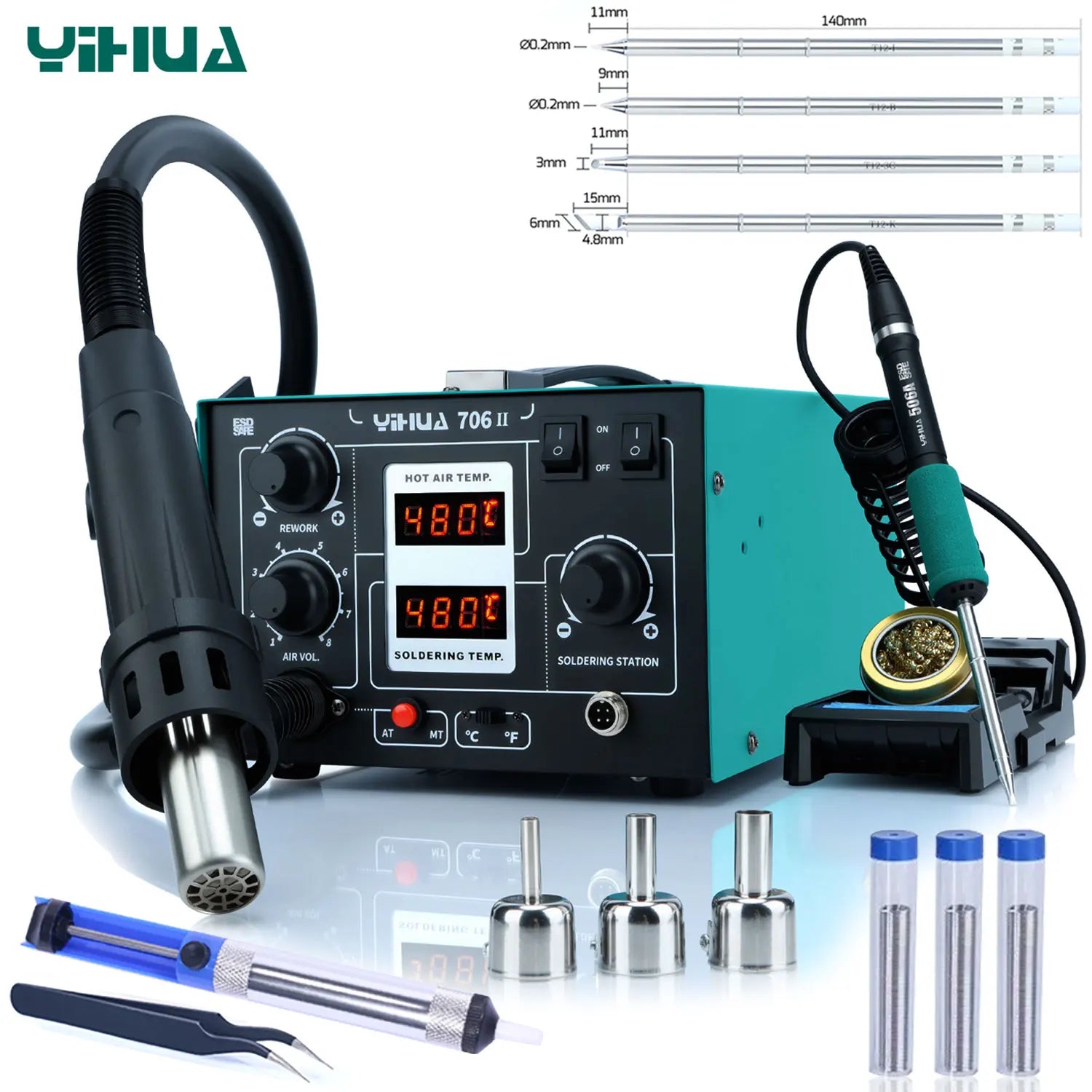 YIHUA T12 Soldering Station With Air Pump Hot Air Gun LCD Rapid Heating Temp Adjust AUTO Sleep Welding Repair Tools For SMD PCB