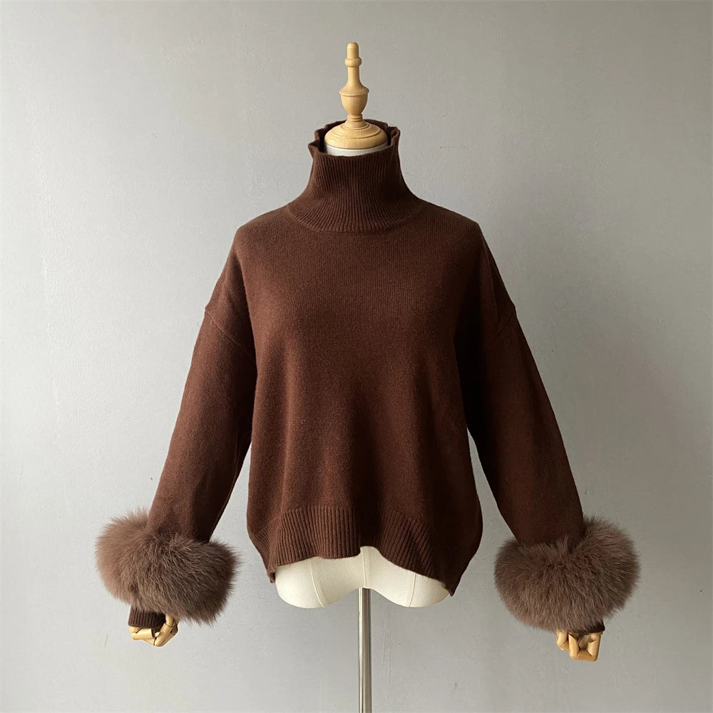 Jxwatcher Fashion Women Sweaters 2023 New Style Wool Knitted Pullover Real Fox Fur Cuffs Ladies Autumn Winter Warm Blouse Female