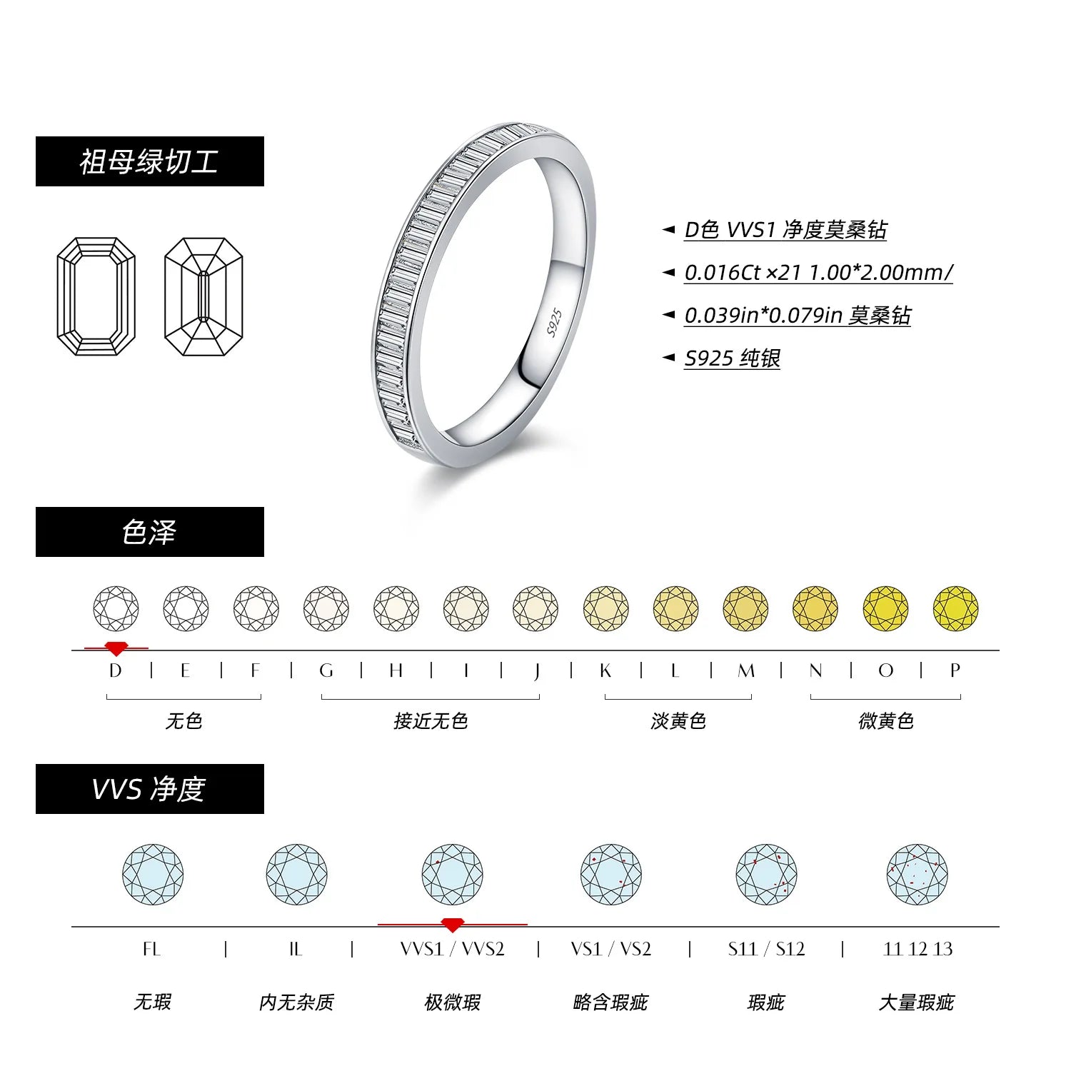 LYEE CYEE Dazzling D Color Rectangle Moissanite Stackable Rings 925 Sterling Silver Eternity Band Rings For Women Fine Jewelry