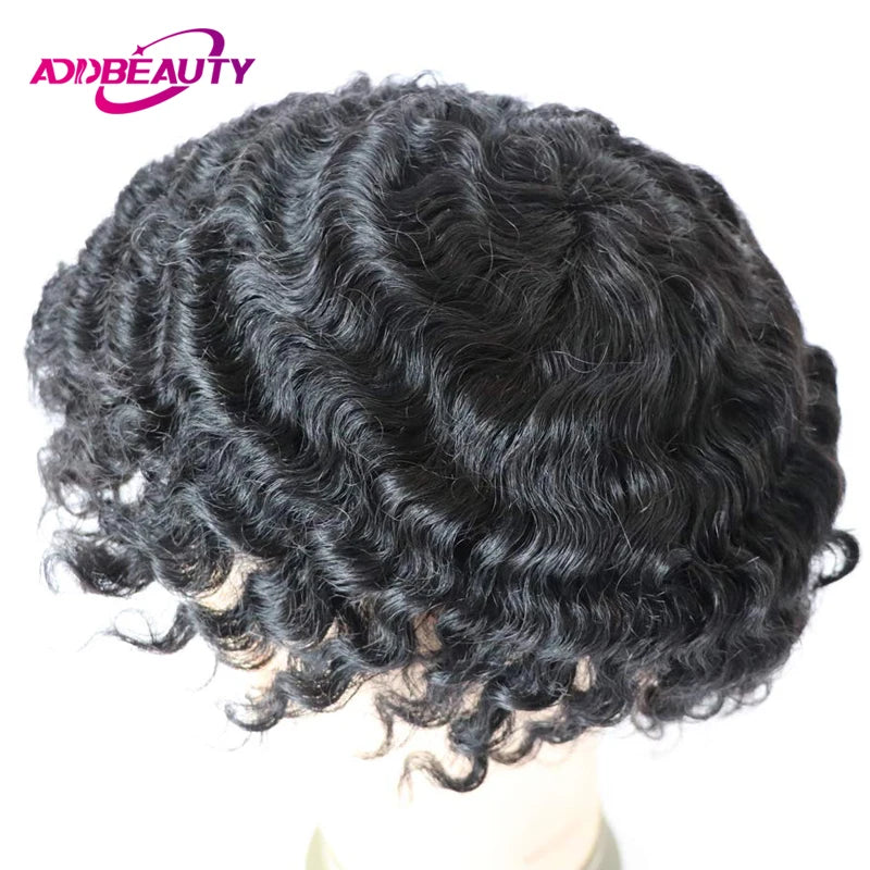 4mm Wave Afro Human Hair Wigs for Men Thin Skin Curly Male Toupee Human Hair PU 0.14cm Man's Wigs Capillary With Knots Natural