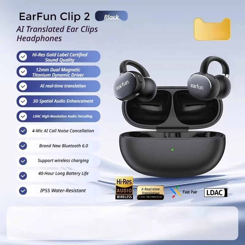 EarFun Clip 2 Open Wireless Earbuds Bluetooth 6.0 AI Real Time Translation Hi-Res IP55 Waterproof Long Battery Life Headphones