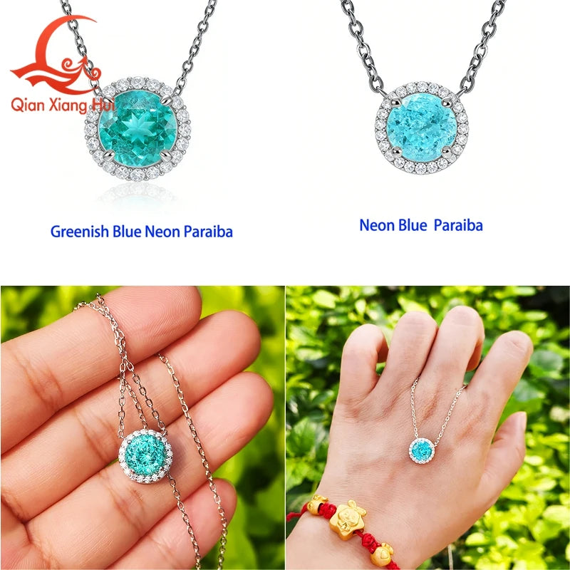 Luxury 925 Sterling Silver Necklace Paraiba YAG Gemstone with Moissanite Halo Pendant Neon Blue Paraiba Fine Jewelry for Women