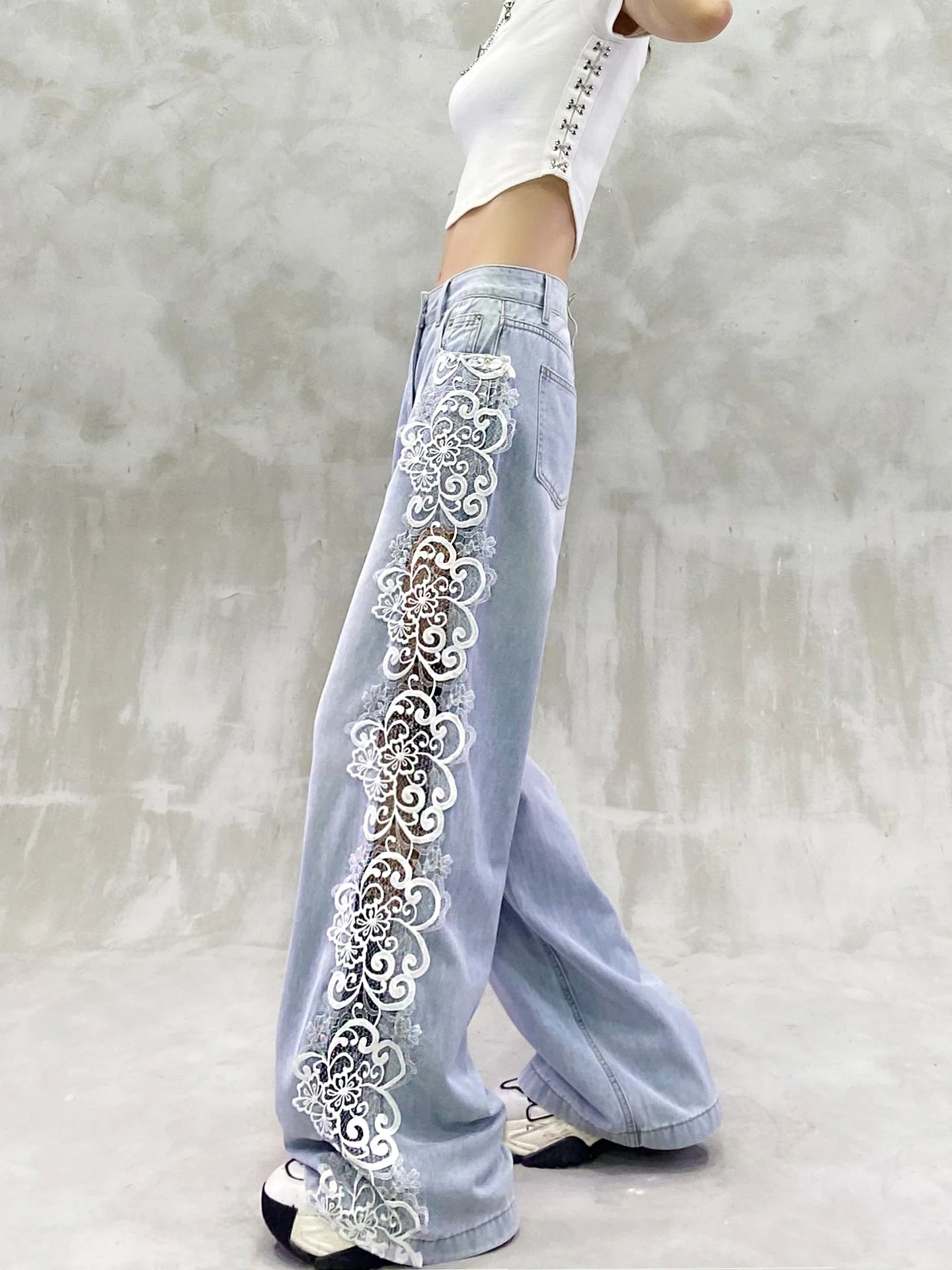 Fashion Light Blue Lace Hollow Splicing Leisure Jeans Women's Summer New High Waist Loose and Versatile Straight Wide-leg Pants