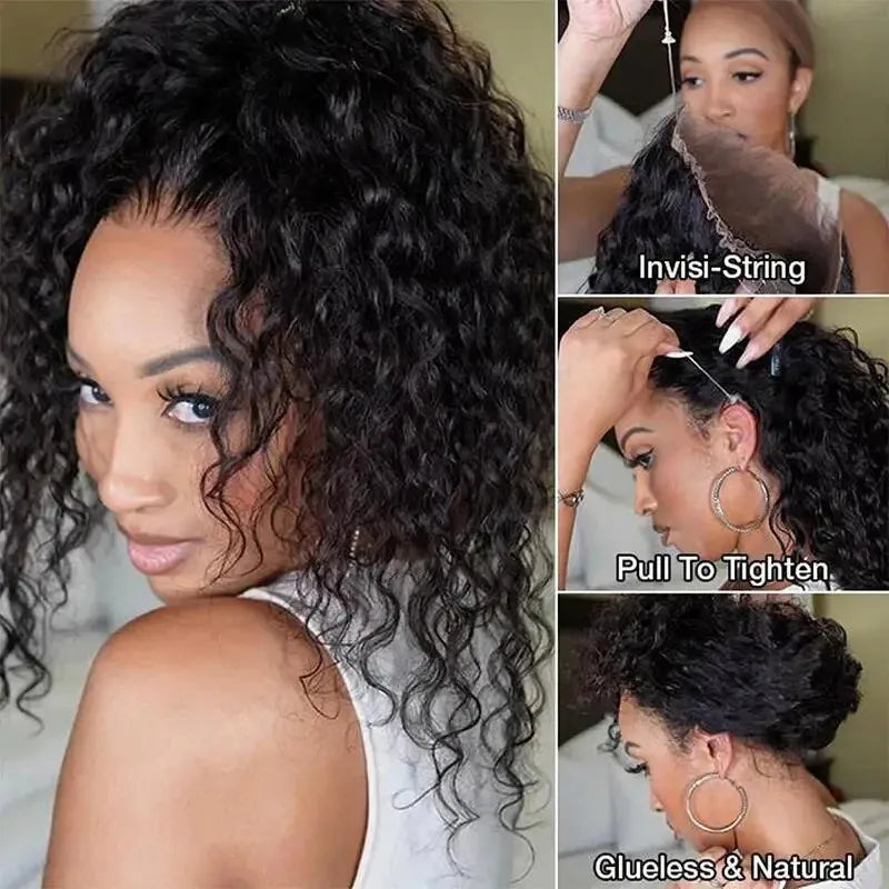 Curly 360 Full Lace Wig Invisible Drawstring Deep Wave Frontal Wig Human Hair Wigs HD Lace Front Wig 220 Density 30Inch Glueless