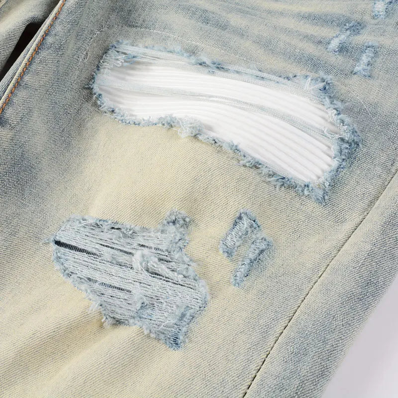 Designer High Street Fashion New Light Blue Men's Jeans Stretch Slimming White Leather Patch Hip Hop Brand Pants HombreY2K