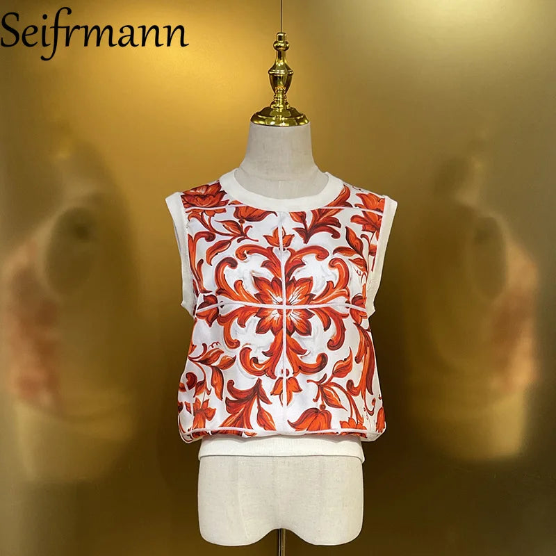 Seifrmann 2026 Summer Women's New Fashion Round Neck Long Sleeve Silk Splicing Wool Printed Cardigan+Tank Top Two Piece Set