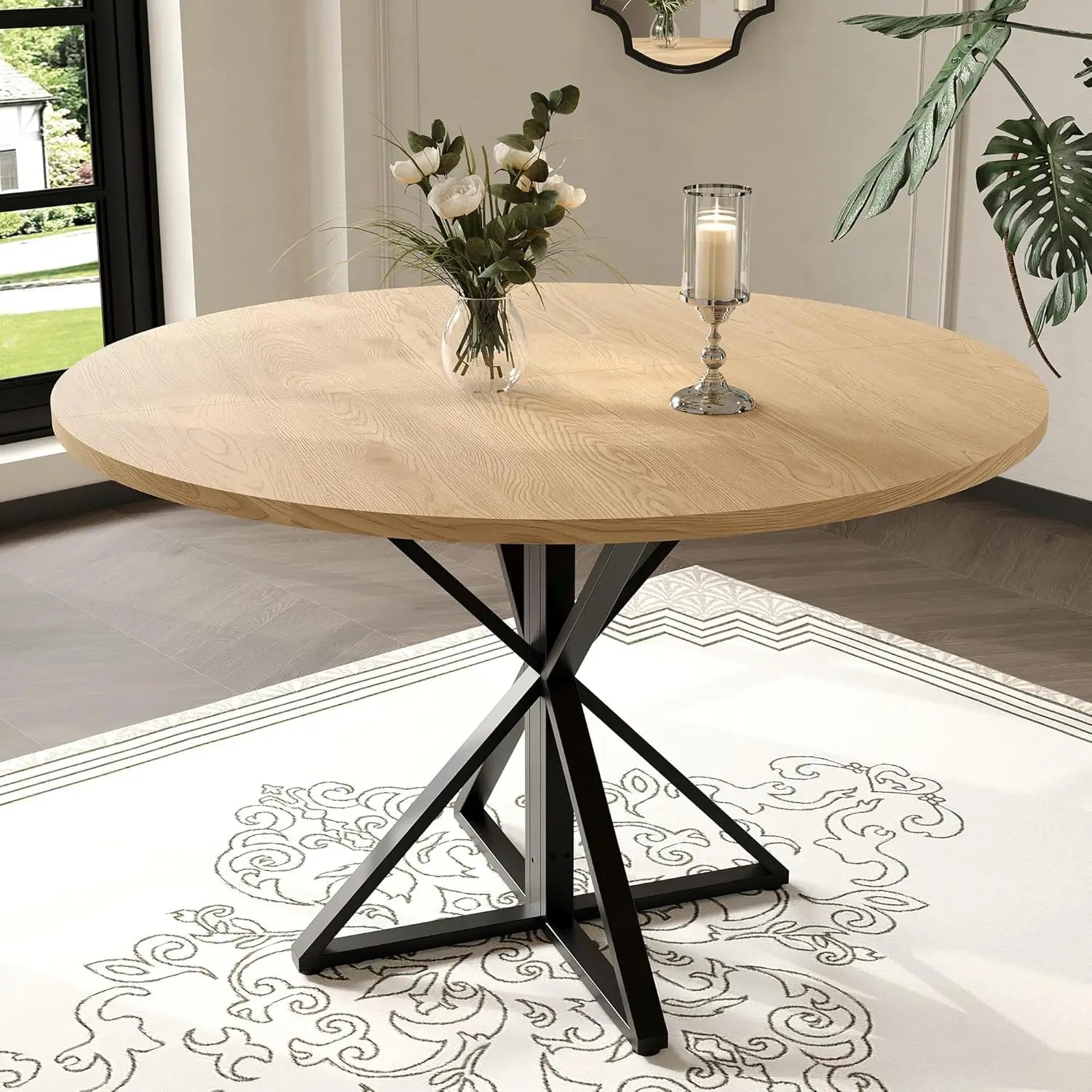 Garvee 4 People Version 47" Circle Counter Table: Oak Farmhouse Kitchen Living Room Dinner Ledge, Large Space-Saving Outside Framework Central Pedestal Desk for Dining Room Lounge Corridor Furniture Moving Tool Kit