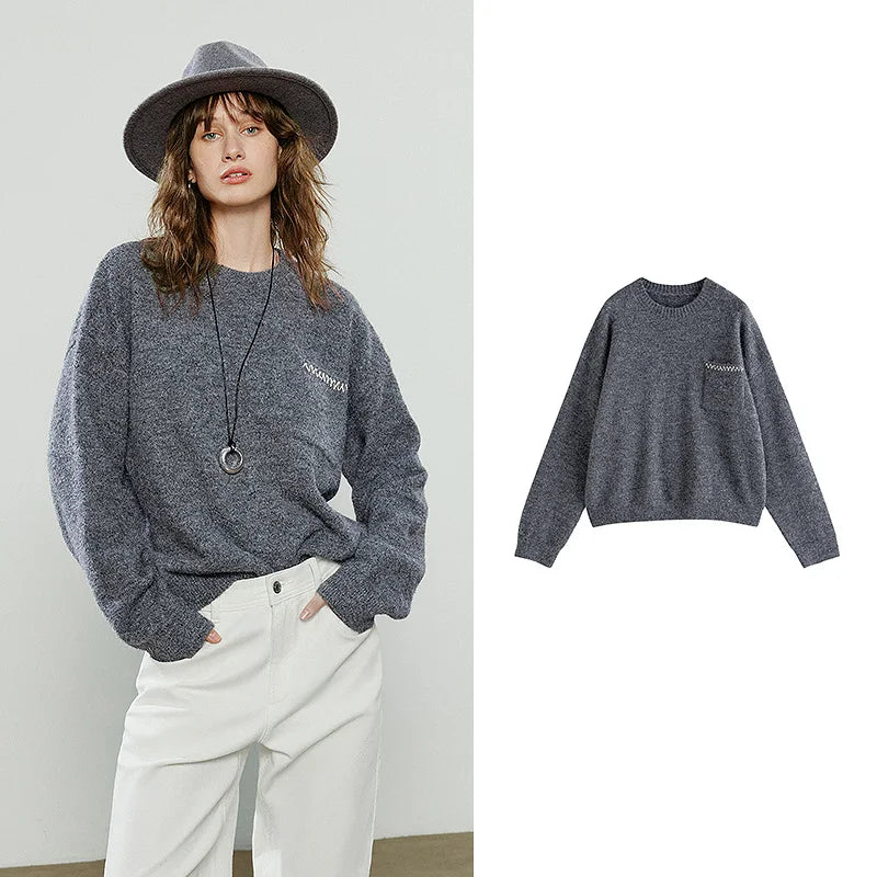 TOYOUTH Women Sweaters 2025 Winter New Crew-neck Loose Drop-shoulder Warm Knitted Tops