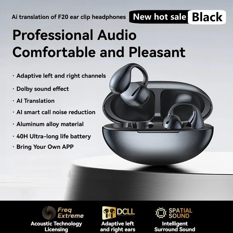 Wireless Bluetooth Earbuds with Ear Clips 6.0 AI Translation Noise Reduction 40H Battery Life IPX6 Waterproof for Sports And Fit
