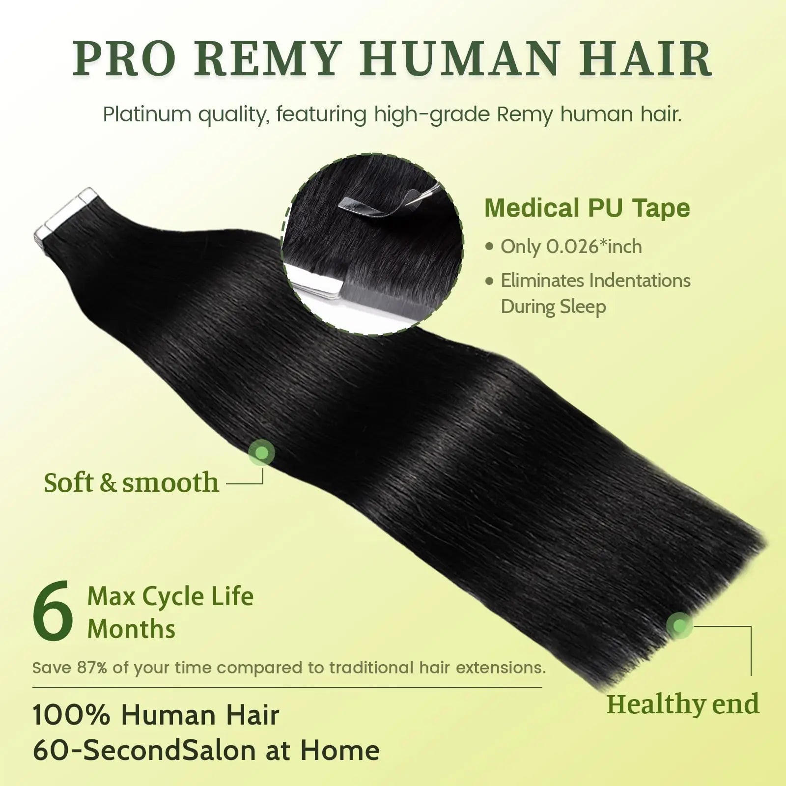 Tape in Hair Extensions Real Human Hair 18 Inches Seamless Straight Invisible Double Sided Tape in Hair Extensions #1B