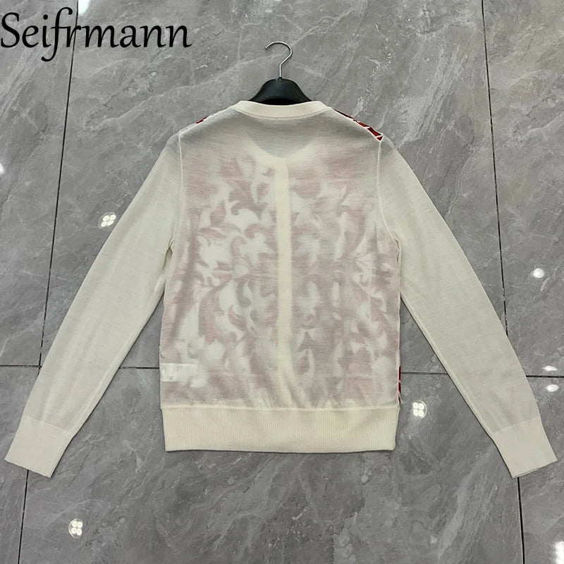 Seifrmann 2026 Summer Women's New Fashion Round Neck Long Sleeve Silk Splicing Wool Printed Cardigan+Tank Top Two Piece Set