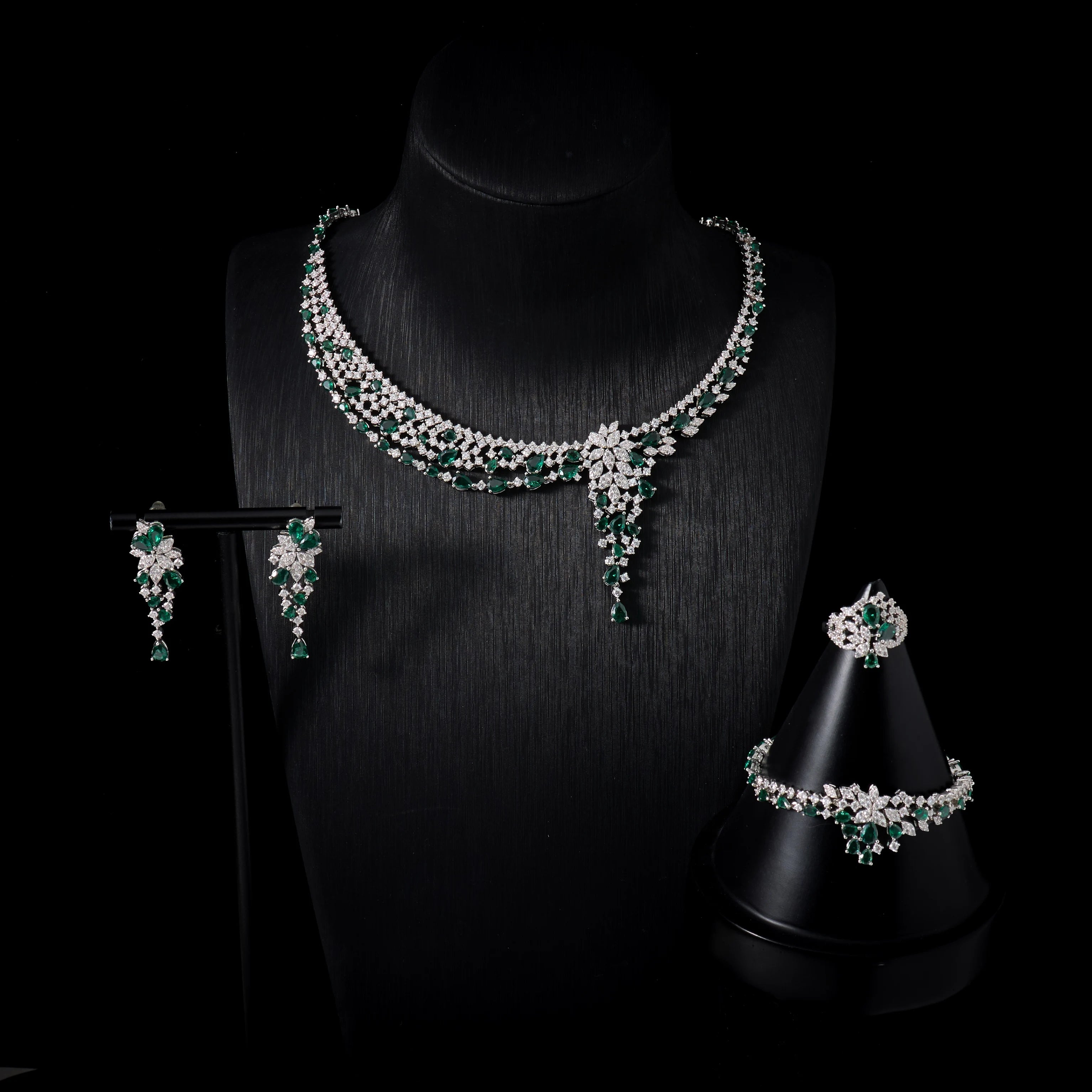 IN JEWELIFE Bridal 4Pcs Emerald Green Cubic Zirconia Jewelry Set - Wedding Necklace Earrings Ring Bracelet Luxury Evening Party