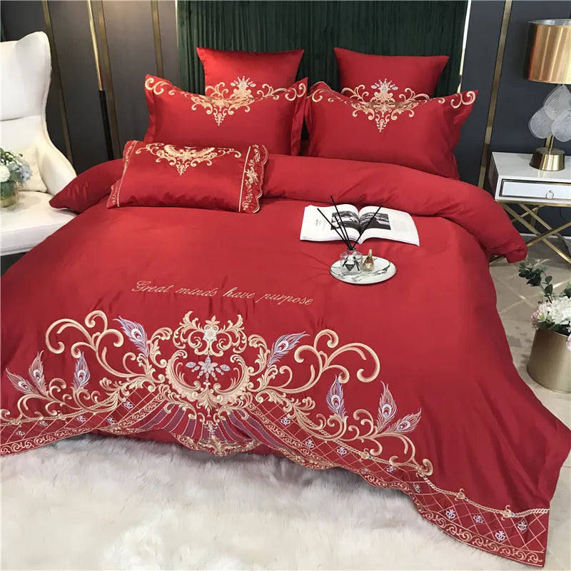 European Style Egyptian 100% Cotton Bedding Set Golden Embroidery Home Textiles Duvet Sheet Pillowcases Set Full King Queen Size