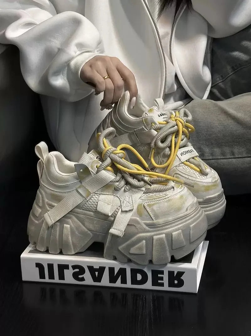 Women Chunky Sneakers High Heels Platform Thick Bottom Mesh Shoes Height Increase Fashion Unique Design Luxury Brand Spring 2025