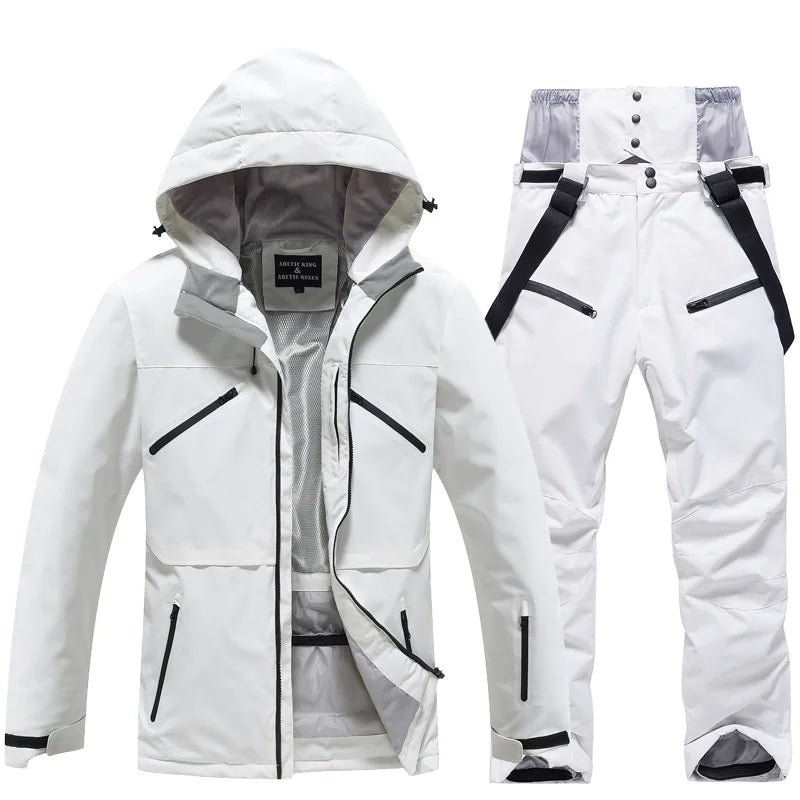 NEW Fashion Men Women Winter Ski Suit Windproof Waterproof Snowboard Jacket and Pants Snow Clothes Female Skiwear Pure White