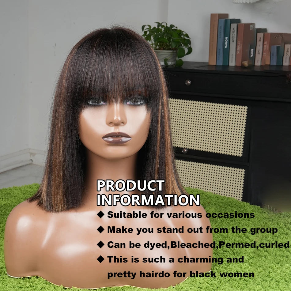 Highlight Straight Human Hair Wigs Black With Brown 10 Inch HD 1x4 Lace Glueless Wear And Go Bob Wig With Bangs For Women
