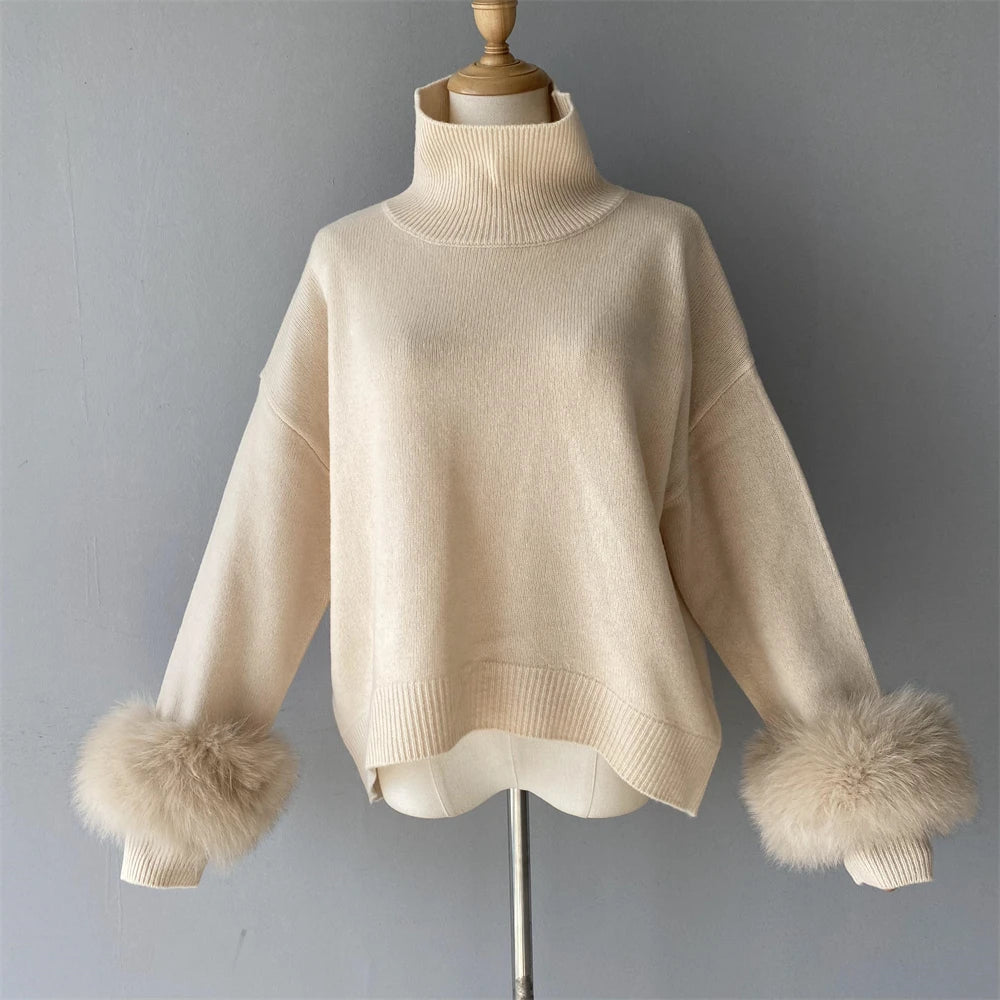 Jxwatcher Fashion Women Sweaters 2023 New Style Wool Knitted Pullover Real Fox Fur Cuffs Ladies Autumn Winter Warm Blouse Female