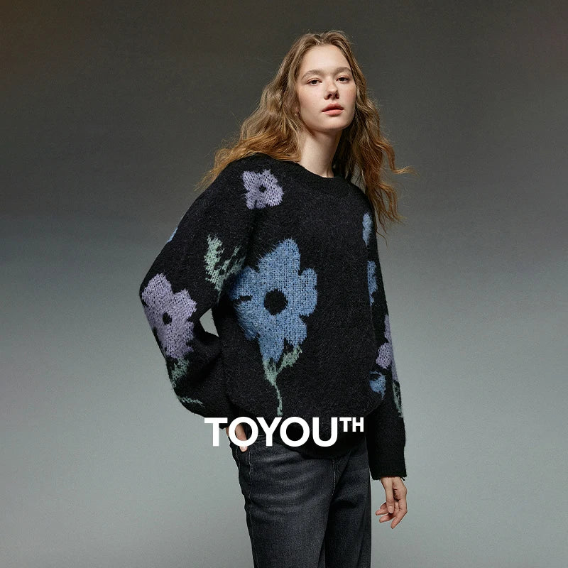TOYOUTH Women Sweaters 2025 Winter NewAsymmetric Glutinous Rice Velvet Warm Flower Intarsia Top