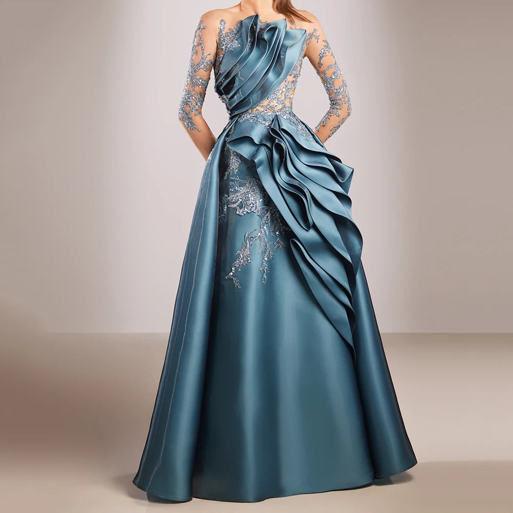 Customized Mermaid Evening Dresses Floor-length Scoop-neck Full Sleeve Prom Gown Fashion Flowers Pleat Simple Draped Party Gown
