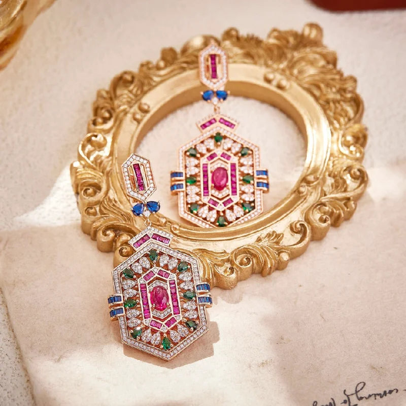 Designer Collection Earrings Necklace Women Lady Inlay Cubic Zircon Synthetic Ruby Rhombus Tassels Pendant Party Jewelry Sets