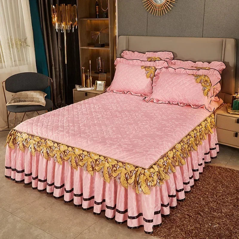Plush Winter Warm Bedspread on The Bed Thickened Bed Skirt-style Embroidery Cotton Quilt Bedding Cover Pillowcases