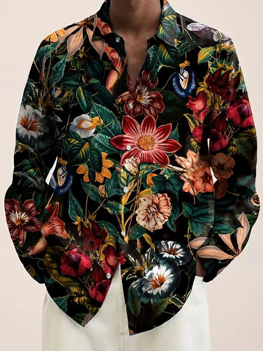 Mens Red Floral Print Long Sleeve Shirt 2023 Fashion Design Luxury Long Sleeve Tops Mens Four Seasons Button Lapel Shirt