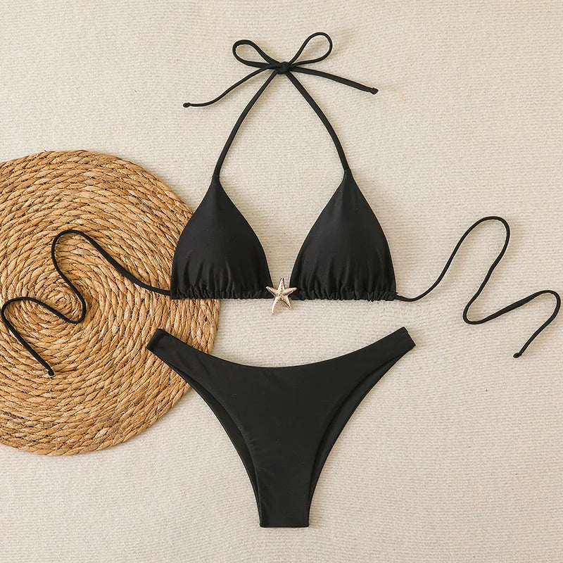 Sexy Bikini Set Solid Swimsuit Women Beachwear 2026 Thong Micro Bikinis Female Swimwear High Cut Neck Bathing Suit Beach Biquini