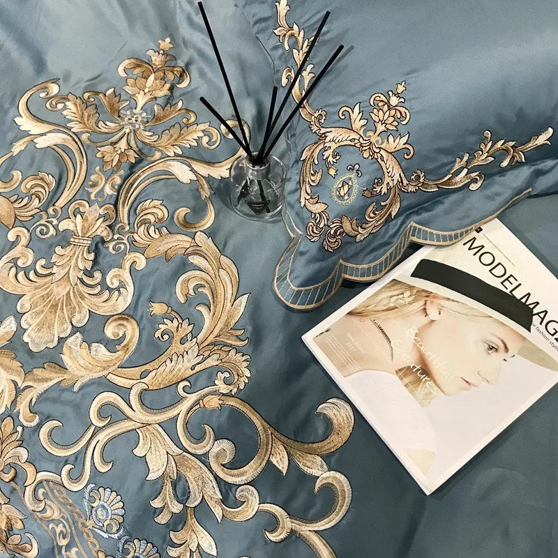 European Style Egyptian 100% Cotton Bedding Set Golden Embroidery Home Textiles Duvet Sheet Pillowcases Set Full King Queen Size