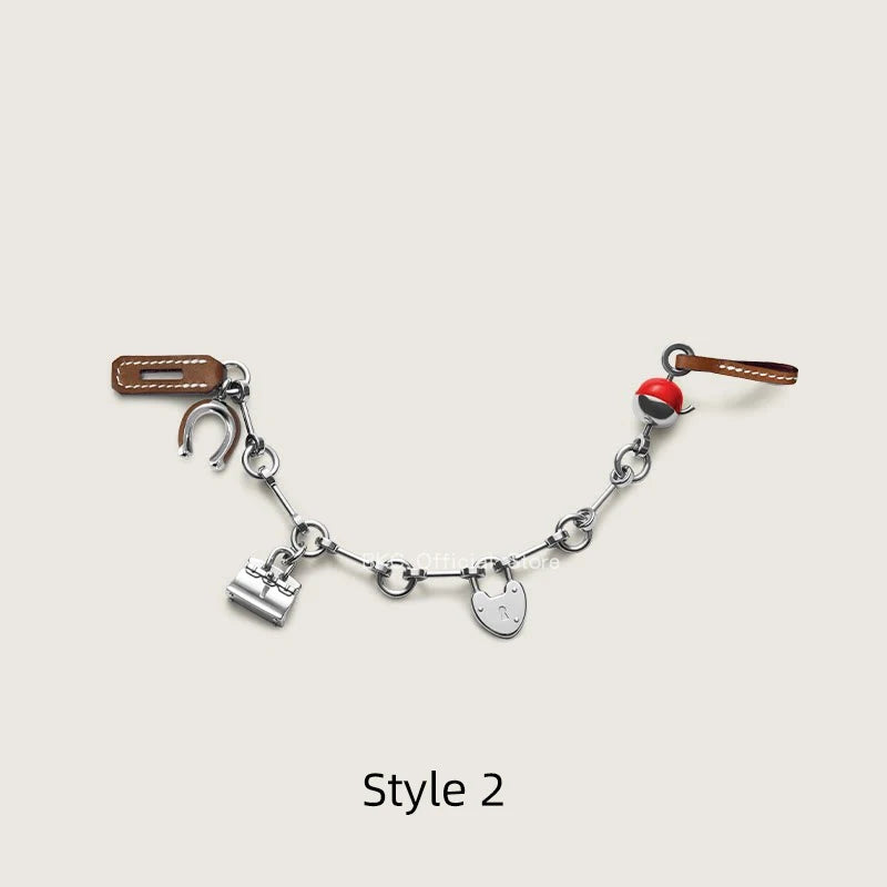 Luxury Metal Spliced Calfskin Bag Charm Silver Chain Pendant For Birkin Kelly Handbag Decor，Fashion Bag Accessory