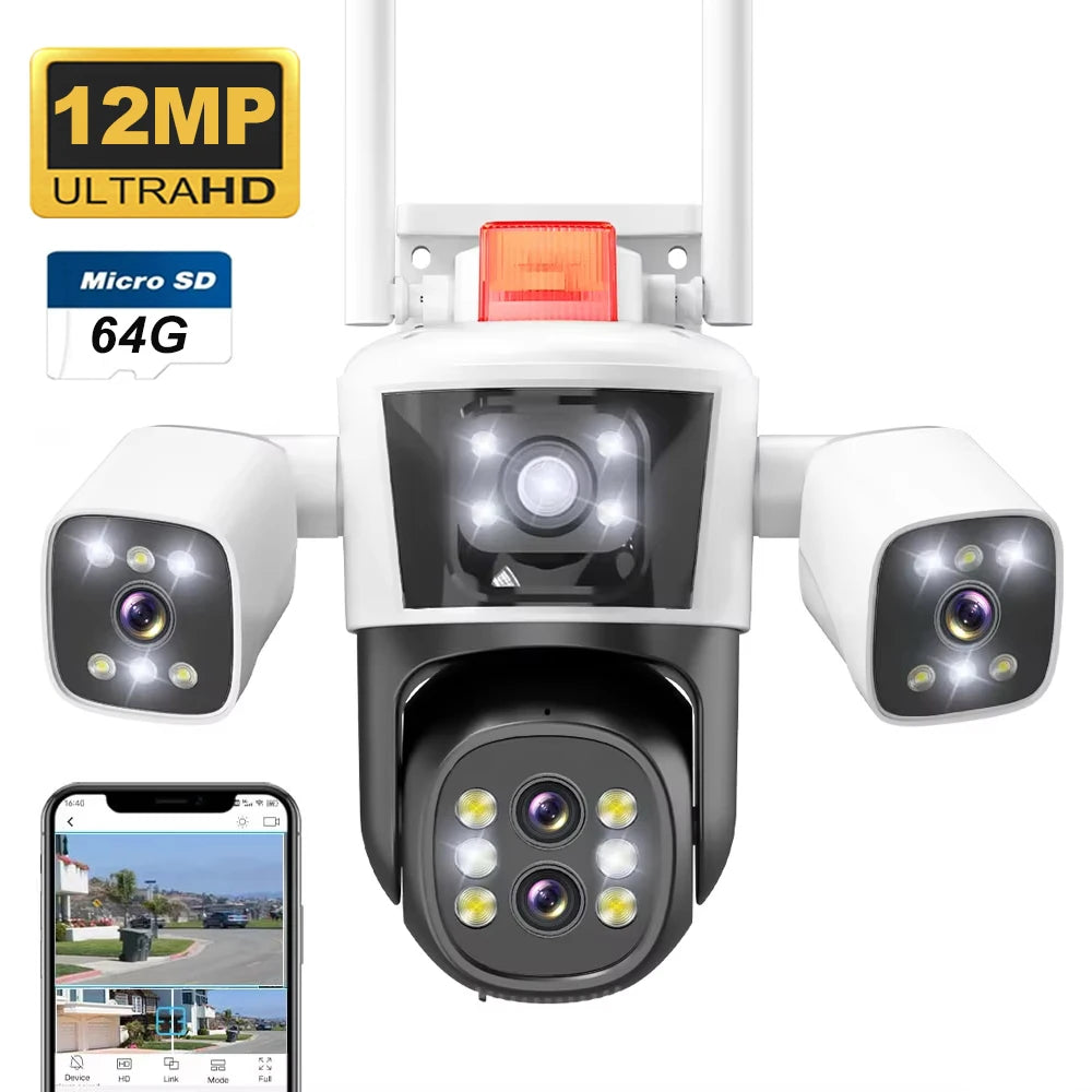 12MP 6K WiFi Security Cameras Four Len Three Screens Outdoor PTZ Video Cam Auto Tracking 6K Waterproof Surveillance Cam IPC360