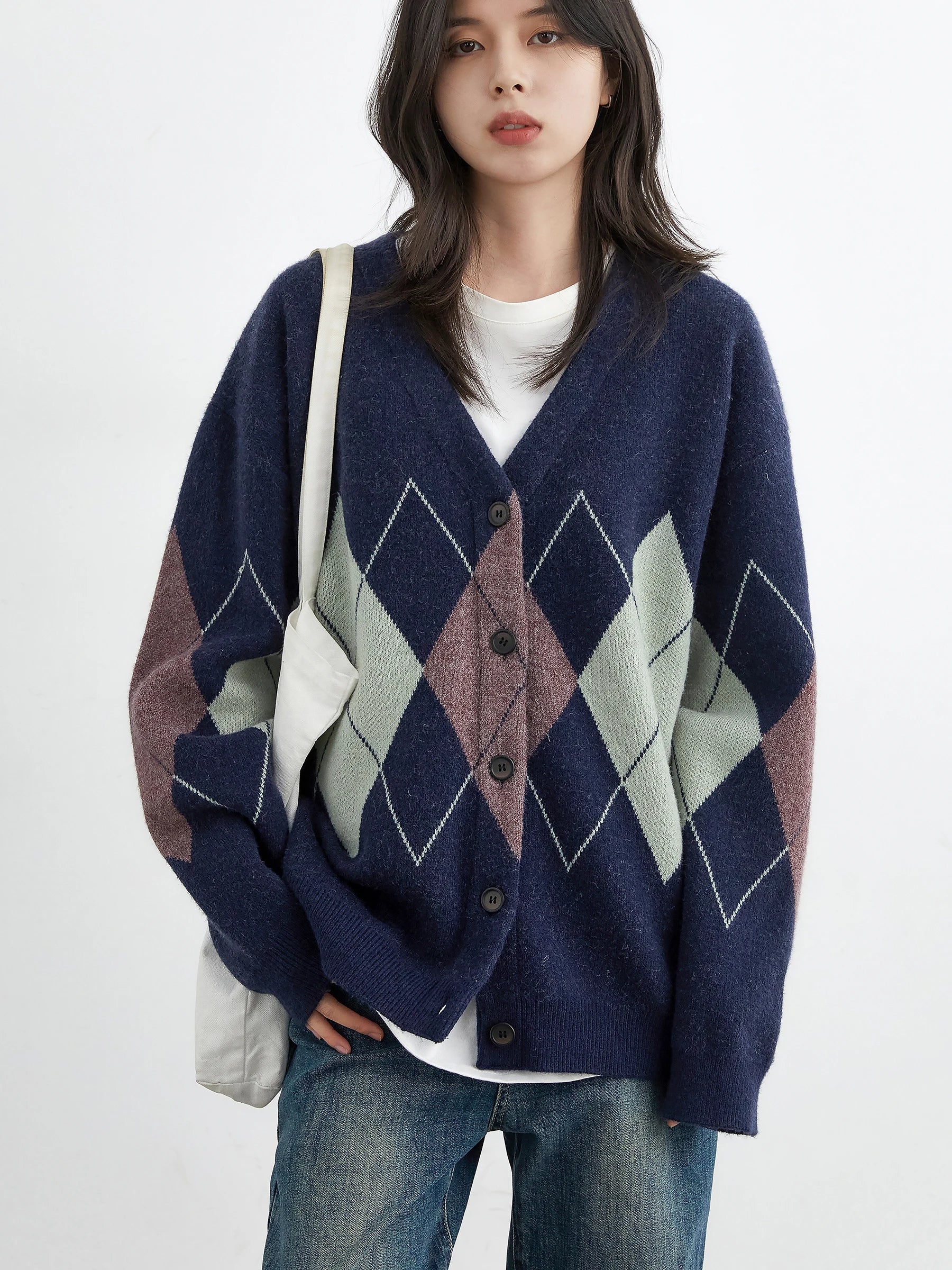 CHIC VEN Women Sweaters Loose Casual Retro Diamond Grid Jacquard Knitted Ladies Cardigan V-neck Jumpers Autumn Winter 2025