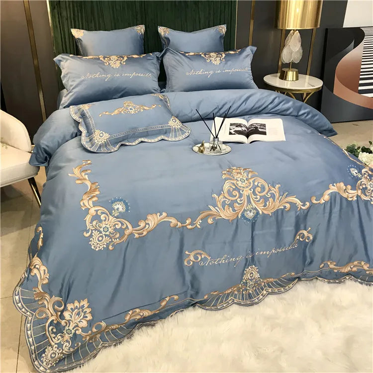 European Style Egyptian 100% Cotton Bedding Set Golden Embroidery Home Textiles Duvet Sheet Pillowcases Set Full King Queen Size