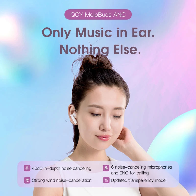 QCY HT05 Melobuds ANC Wireless Bluetooth Earbuds BH21HT05A 40dB 6 Mic AI-Enhanced Calls Transparency App for Custom EQ 30H