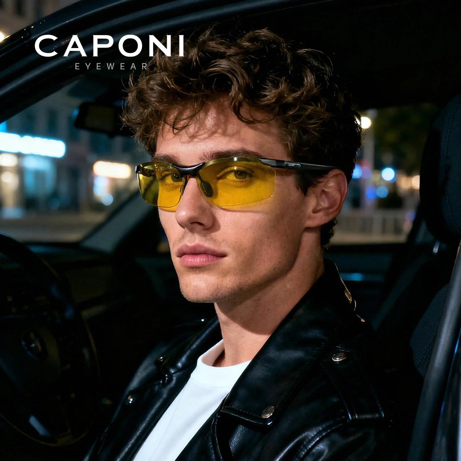 CAPONI Night Vision Men Sunglasses Carbon Firber Driving Sports Photochromic UV400 HD Sun Glasses Protect Yellow Shades BSYS8780