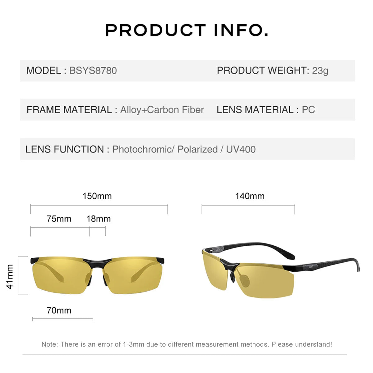 CAPONI Night Vision Men Sunglasses Carbon Firber Driving Sports Photochromic UV400 HD Sun Glasses Protect Yellow Shades BSYS8780