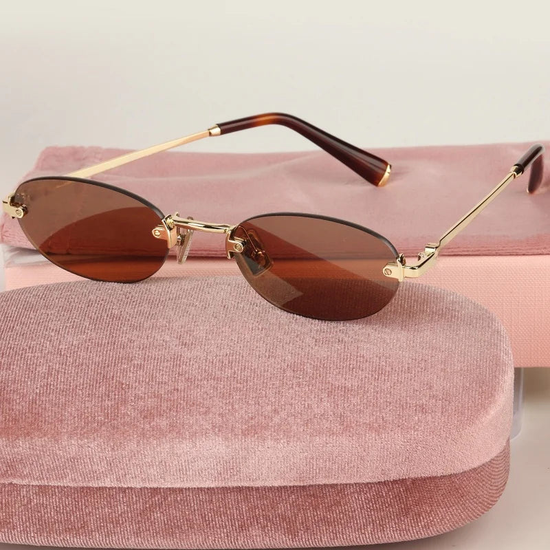 New Oval Rimless Sunglasses For Women Brand Desinger Fashion Ladies Small Eyeglasses Girls Travel Driving Goggles SUN GLASSES