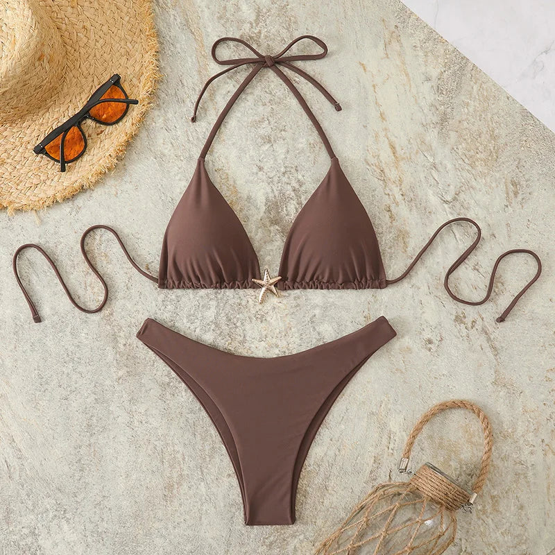 Sexy Bikini Set Solid Swimsuit Women Beachwear 2026 Thong Micro Bikinis Female Swimwear High Cut Neck Bathing Suit Beach Biquini