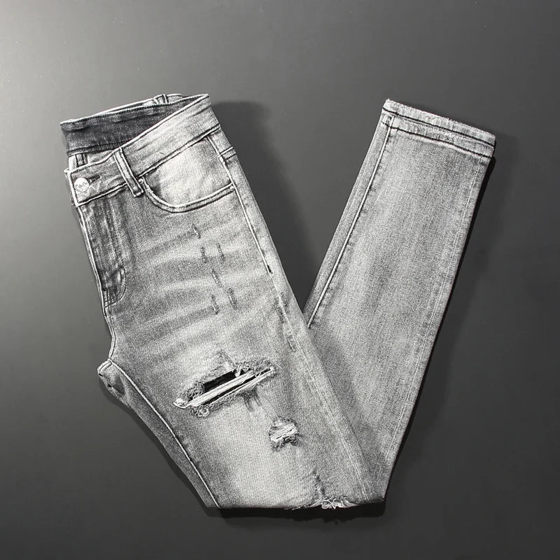 Street Fashion Men's Retro Grey Jeans High Quality Stretch Tight Patched Jeans Men's Splicing Designer Hip Hop Brand Pants Hombr