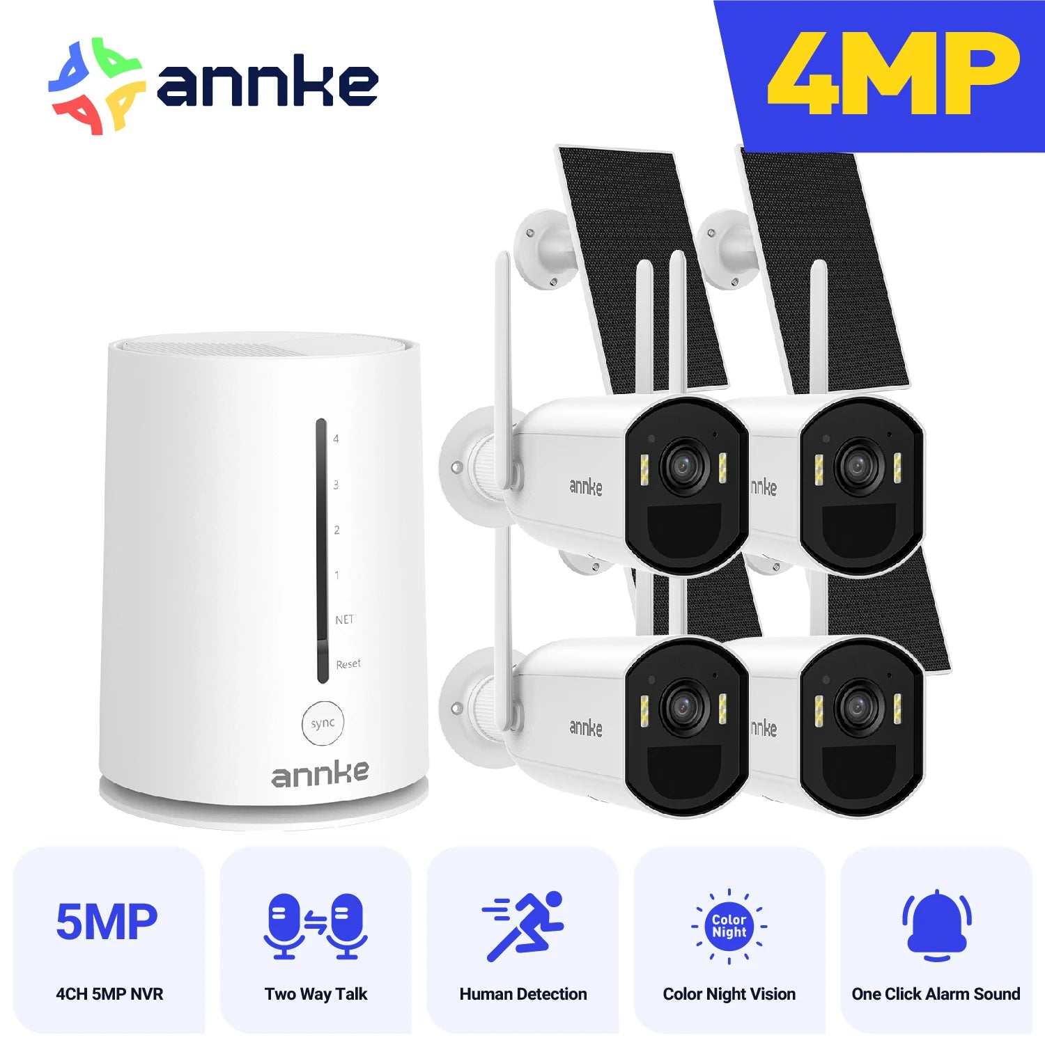 Annke 4MP Solar Security Cameras 4CH Wireless NVR 4mm Color Night Vision IP Camera Audio 2.4G 5.8G Solar Wifi Camera Outdoor