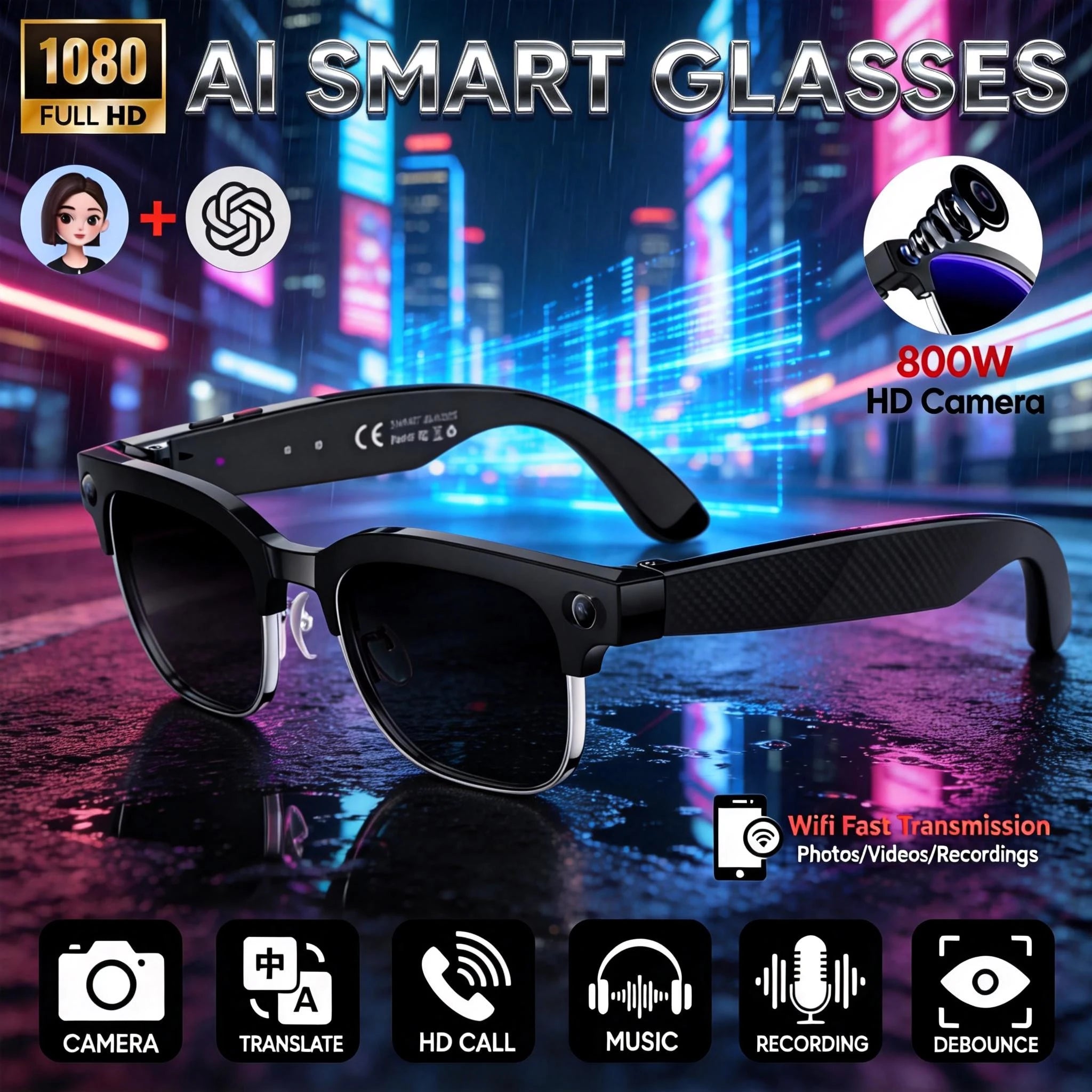 2026 New Fashion Smart Glasses With Camera Video Recording AI Photo Recognition Bluetooth Call Translation Voice Sunglasses Men
