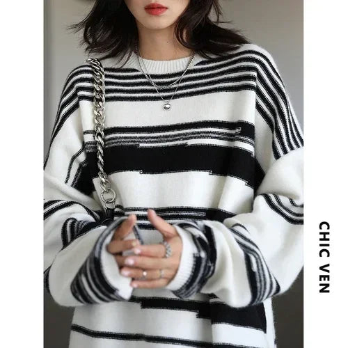 CHIC VEN Women Sweaters Streetwear Casual Loose Pullover Stripe Girl Jumpers Thick Warm Female Tops Autumn Winter 2025 Plus