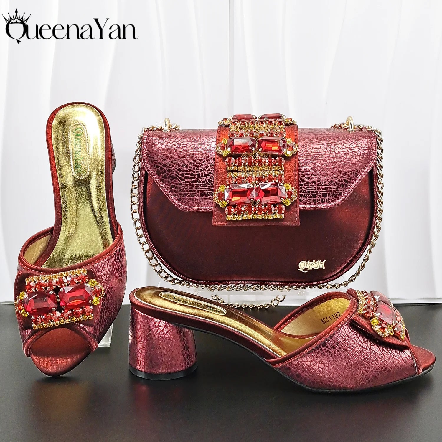 QueenaYan Italian Design Fashion Mature Style Rhinestone Peep Toe Party Women's High Heels with Diamond Oval Bag for Sky Blue