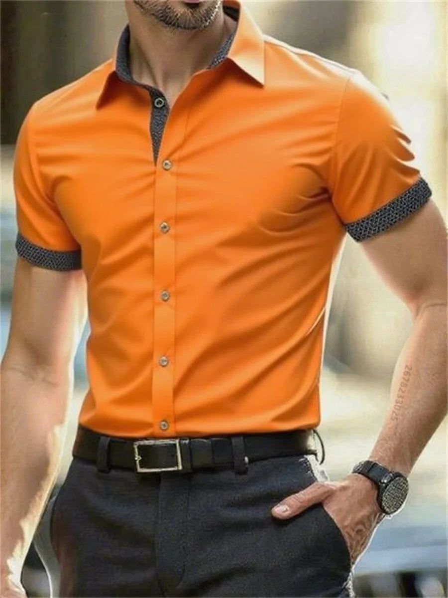 Men's short-sleeved shirt summer slim casual dress light and thin elastic no iron business shirt fashion luxury all seasons