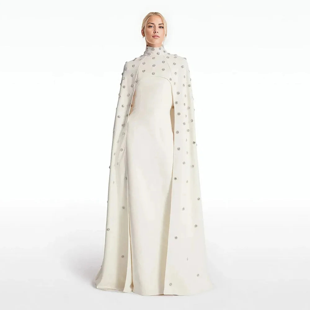 Customized Vintage Two Pieces Prom Dresses with Cape Wedding Party Dresses High Collar Crystal Beaded Evening Gowns Arabic 2024