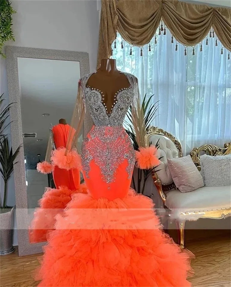 Orange Black Girl Prom Dresses 2024 Luxury Mermaid Rhinestones Beaded Long Sleeves Ruffles Birthday Evening Gala Gown Graduation