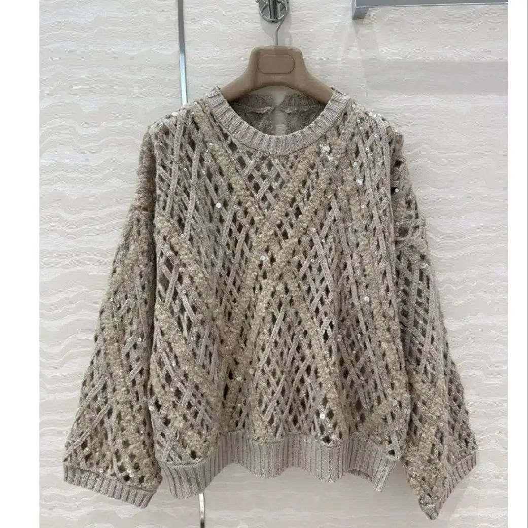 Naizaiga 100 Cashmere O-Neck Hollow out Sequins Reglan Sleeve White Brown Women Sweaters Pullovers NHPL2