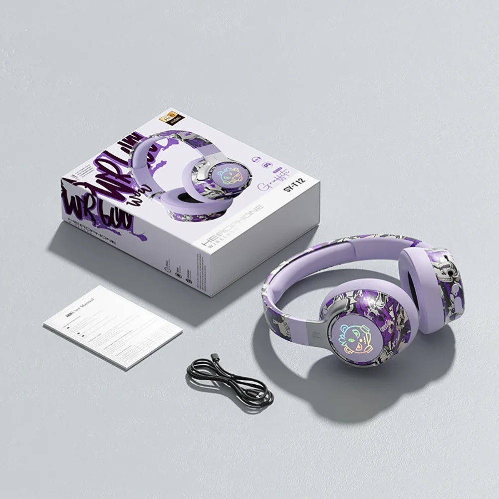 Bluetooth 5.3 Gaming Wireless Headset, Low Latency, Noise Cancelling Mic, RGB Light, Over-ear Headphones for PC