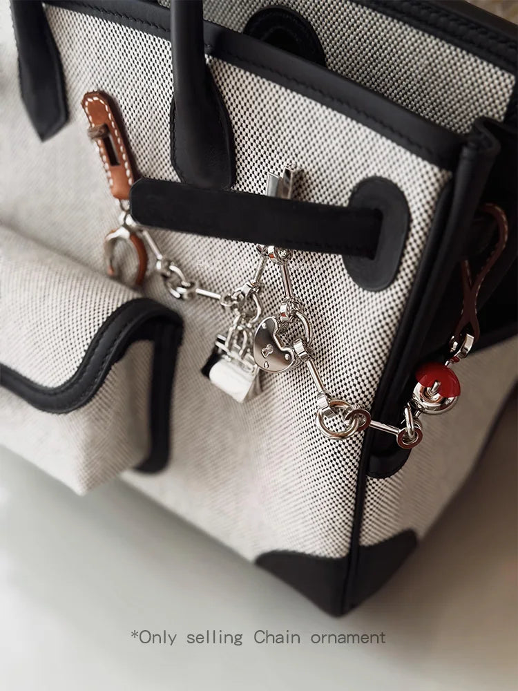 Luxury Metal Spliced Calfskin Bag Charm Silver Chain Pendant For Birkin Kelly Handbag Decor，Fashion Bag Accessory